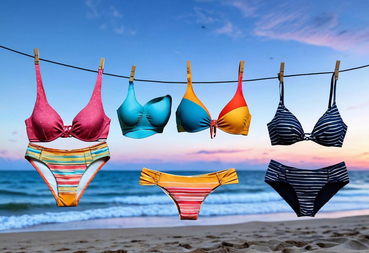 A creative collage of swimwear designs that evoke emotions, blending vibrant colors with muted tones reflecting melancholy. Incorporate two-piece swimsuits hanging on a clothesline against a backdrop of a serene beach at dusk, with soft waves and a cloudy sky. Include subtle artistic elements like brush strokes or watercolor splashes, symbolizing emotional depth. 3D, vibrant colors, abstract art.