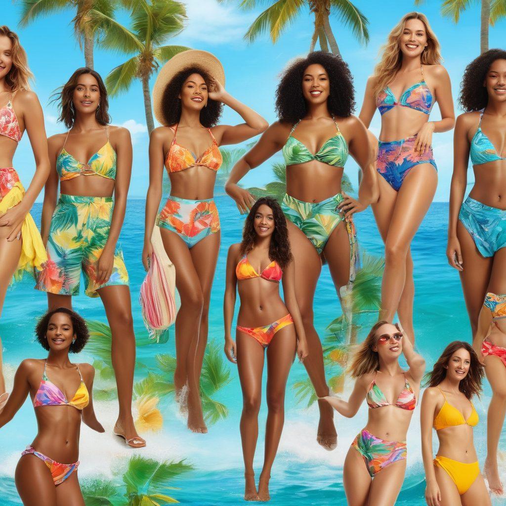 A vibrant montage showcasing various resort wear swimwear styles adorned with expressive patterns and colors, illustrating emotions like joy, relaxation, and adventure. Display diverse models at a sunny beach, each in unique swimwear that serves as a canvas for emotional storytelling through visuals. Incorporate elements like palm trees, ocean waves, and sunny skies to enhance the summer vibe. super-realistic. vibrant colors.
